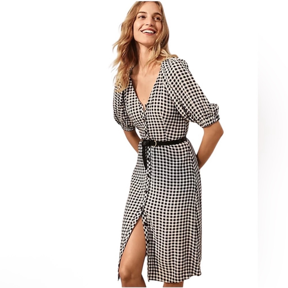 Ann Taylor Gingham Puff Sleeve Button Front Belted Midi Shirt Dress Sz 4